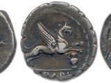 three ancient silver coins with the image of a horse and a bird