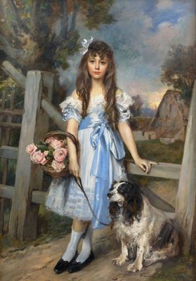 tableau représentant une jeune fille en robe bleue tenant un panier de fleurs et un chien