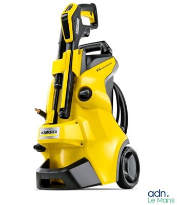 a yellow pressurer on a white background with a black hose