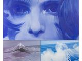four different pictures of a woman ' s face with a wave in the background