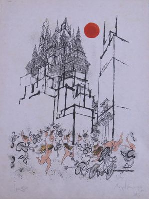 une image représentant un dessin d'un bâtiment avec un soleil rouge en arrière-plan