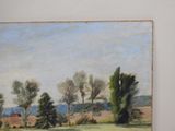 a painting of a field with trees in the background