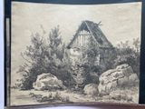 an old drawing of a house in a wooded area with rocks and trees
