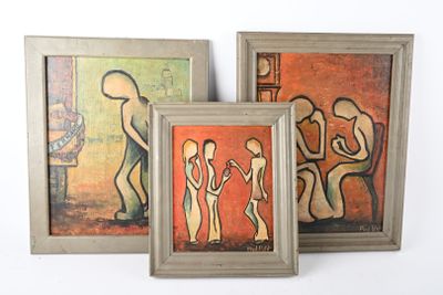 trois tableaux encadrés représentant un homme, une femme et un enfant
