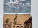 two paintings on the wall of a room with a clock