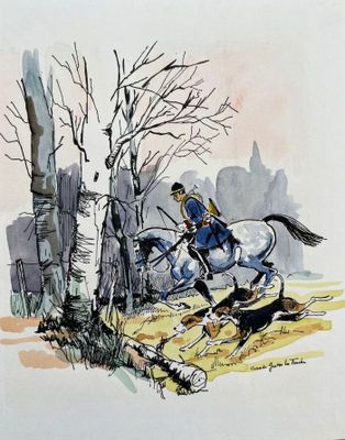 un dessin représentant un homme à cheval, à côté d'un chien