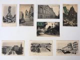 several old photographs of buildings and a bridge in a city