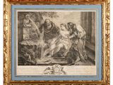 a drawing of a woman and two men sitting on a bench in front of a dog