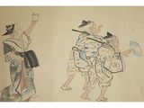 two asian paintings of a man and a woman holding umbrellas