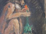 a painting of a monkey that is sitting on the ground