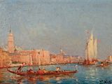une peinture à l'huile représentant des bateaux sur l'eau, avec des bâtiments en arrière-plan