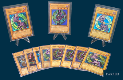 six cards of different colors and designs on a table