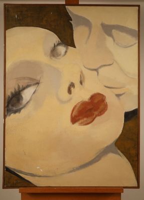 a painting of a woman kissing a man on the forehead