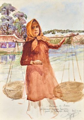 tableau représentant une femme avec des paniers sur les épaules, tenant un panier
