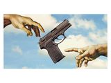 un tableau représentant deux mains tendues vers un pistolet