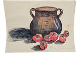 a painting of a pot and tomatoes on a table