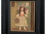 painting of a little girl in a white dress with a basket of flowers
