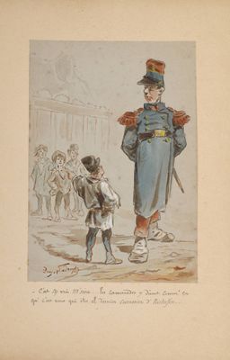 dessin représentant un homme en uniforme militaire et un garçon en uniforme militaire