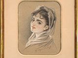 portrait of a woman in a white scarf and a gold frame
