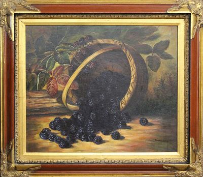 une peinture à l'huile représentant un panier de mûres posé sur une table