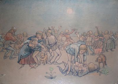 un tableau représentant un groupe de personnes jouant avec un chien
