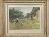 an image of a painting of a man feeding chickens in a field