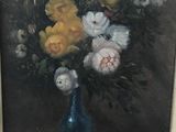 a painting of flowers in a blue vase on a table