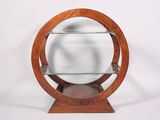 an image of a wooden display case with glass shelves