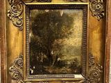 a painting of a wooded landscape with a man and a dog in the foreground