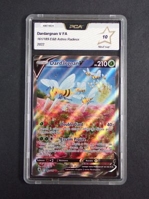 a close up of a card in a plastic holder on a table