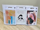 three greeting cards with a picture of a woman and a man on them