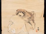 un vieux tableau représentant un chien tenant un poisson dans la gueule