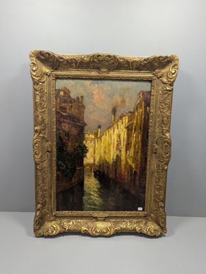 une peinture représentant une rue de la ville avec des bâtiments et une rivière