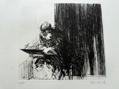 l'image d'un dessin représentant un homme assis à une table