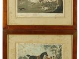 deux reproductions encadrées représentant des chevaux et des chiens dans un décor boisé