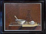 painting of a bowl and spoon on a table with a bottle in the background