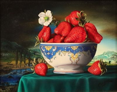 a painting of strawberries in a blue and white bowl on a table