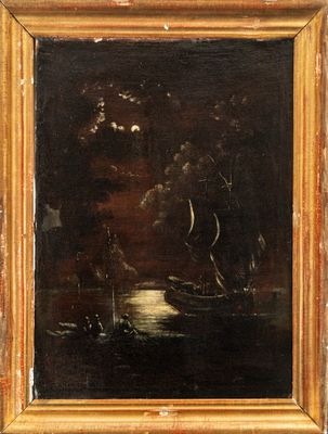 a painting of a boat in the water with a full moon in the background