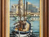 une peinture à l'huile représentant un bateau dans un port, avec une église en arrière-plan