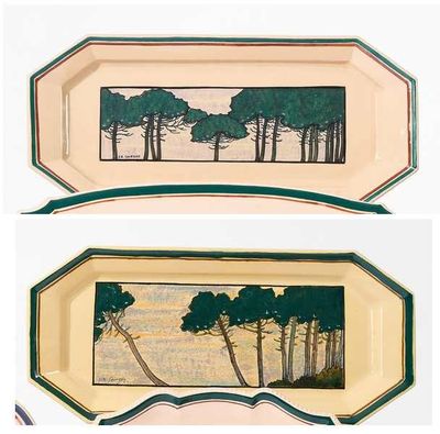 deux plateaux ornés d'une peinture représentant des arbres