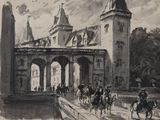 drawing of a group of people riding horses in front of a building