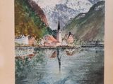 an image of a painting of a church in the middle of a lake with a mountain in the background