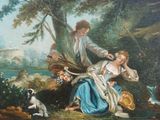 un tableau représentant une femme et un enfant dans les bois