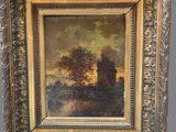 a painting of a landscape with a house and trees in a gold frame