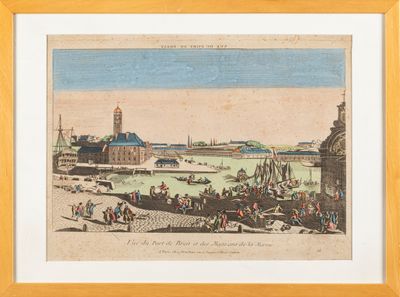 an old painting of a harbor scene with boats in the water