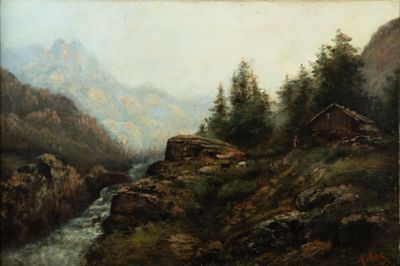 an image of a painting of a mountain scene with a cabin