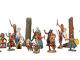 many figurines of different types of people on a white background