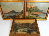 three framed paintings of a castle and a body of water
