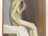 tableau représentant une femme assise sur un tabouret, les jambes croisées