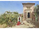 an image of a painting of a woman sitting in front of a building